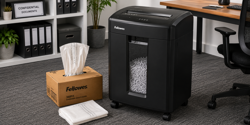 Shredder waste bags shown in proportion beside a larger floor standing shredder in a bright office disposal area with confidential document storage.