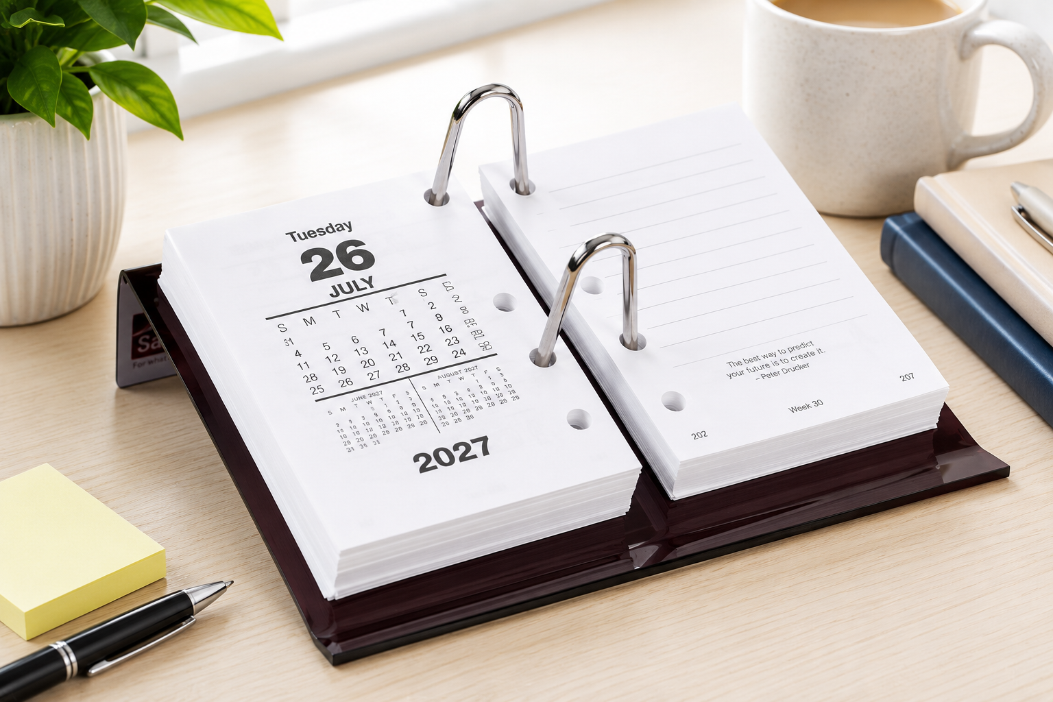 2027 side hole desk calendar refill displayed in a ring binder holder on a bright office desk with pen, coffee and planning notes.