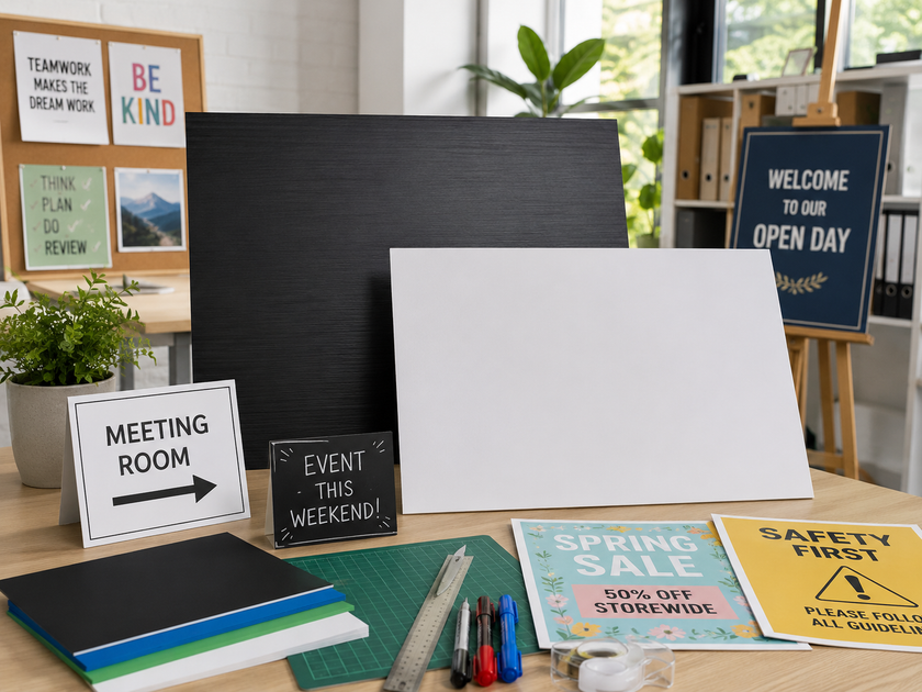Signboards arranged in a bright creative workspace with display notices, cutting tools, markers and presentation materials.