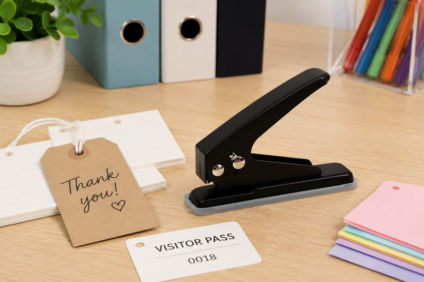 Black 1 hole paper punch on a bright desk with tags, visitor passes and stationery for office paperwork.