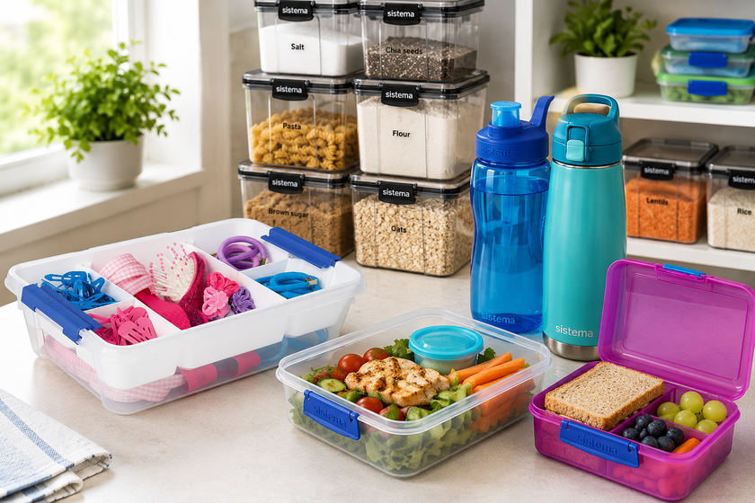 Sistema pantry containers, lunch boxes and drink bottles arranged in a bright kitchen storage and meal prep setting.
