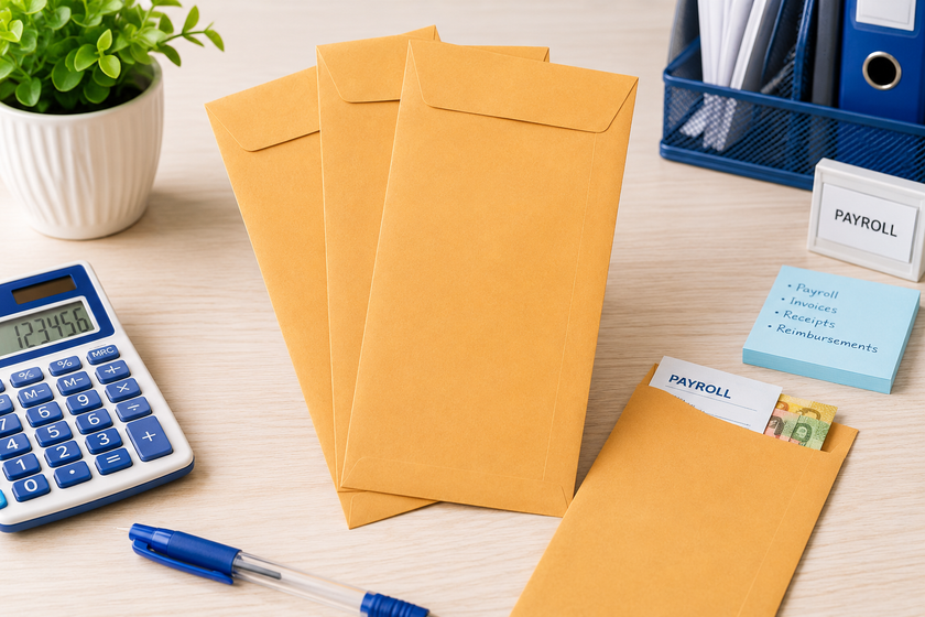Small pocket envelopes displayed on a bright office desk with payroll documents, calculator and stationery for organised workplace communication.