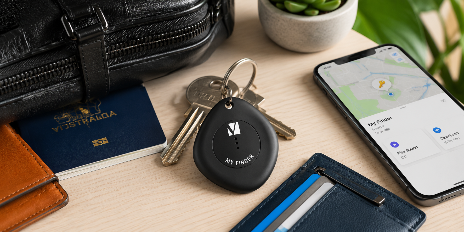 Smart tracker attached to keys beside a phone, bag and travel essentials in a bright organised workspace.