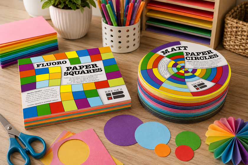 Fluoro paper squares and matt paper circles on a bright craft workspace with coloured paper, scissors and creative supplies.
