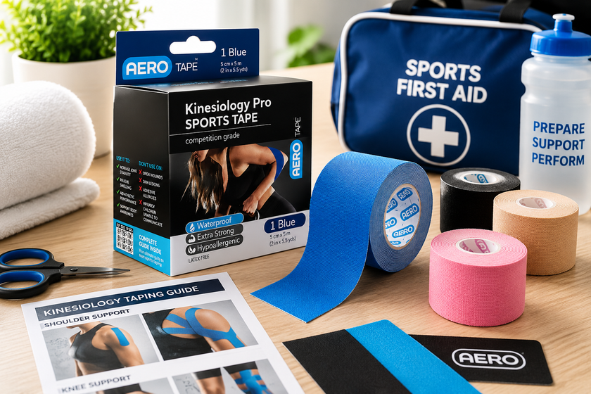 Sports tapes displayed in a bright first aid and training setup with kinesiology tape rolls, sports bag and recovery accessories.