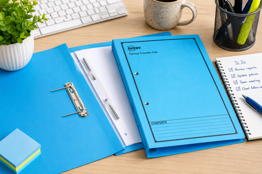 Blue spring transfer files on a bright office desk with documents, keyboard, notebook and organised stationery.
