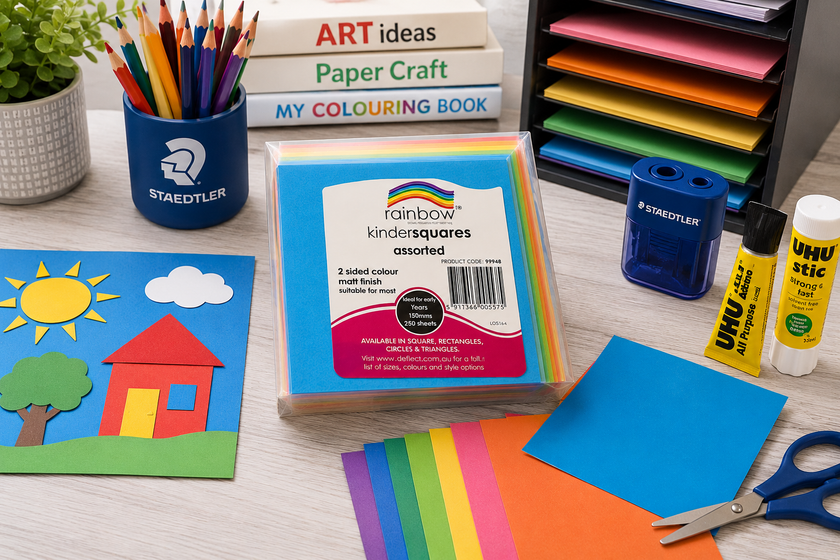 Rainbow kindersquares craft paper pack on a bright classroom craft desk with square paper sheets, Staedtler pencils, UHU glue and a paper art project.