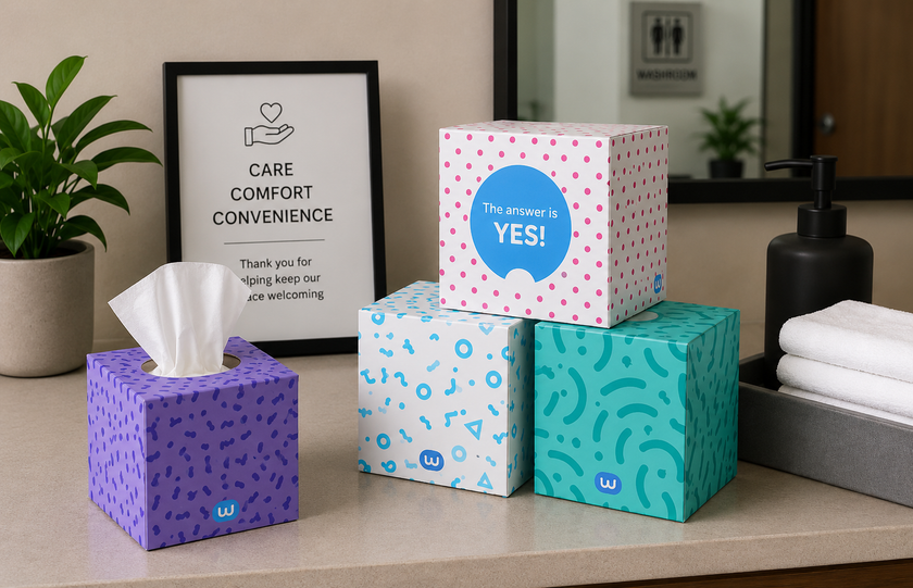 Square facial tissue boxes arranged on a clean guest washroom counter with a tissue dispenser, towels, plant and hygiene supplies for visitor comfort.