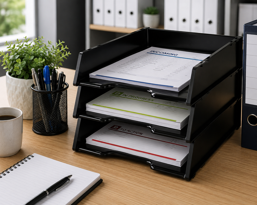 Stacked black document trays on an organised office desk with sorted paperwork, pen cup and notebook for managing daily document flow.
