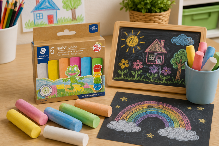 Staedtler craft chalks on a bright classroom art table with colourful chalk pieces, blackboard drawings and creative learning materials.