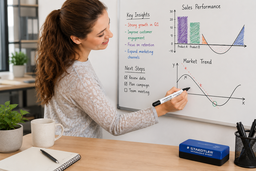 Staedtler whiteboard markers arranged on a presentation desk with a whiteboard, diagrams, notes and eraser for clear classroom and meeting communication.