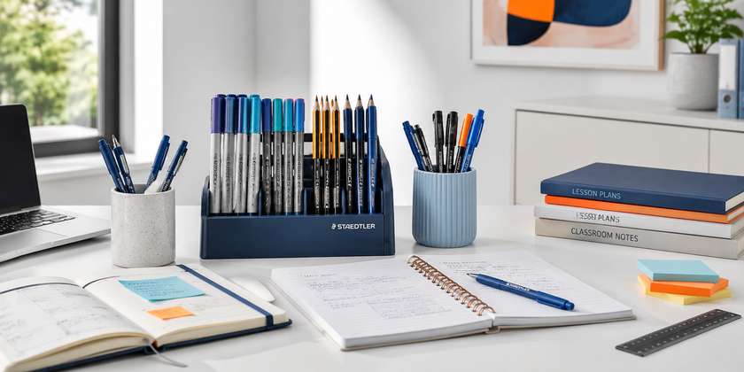 Modern teacher planning desk with Staedtler writing supplies, notebooks, pens, pencils and organised stationery.