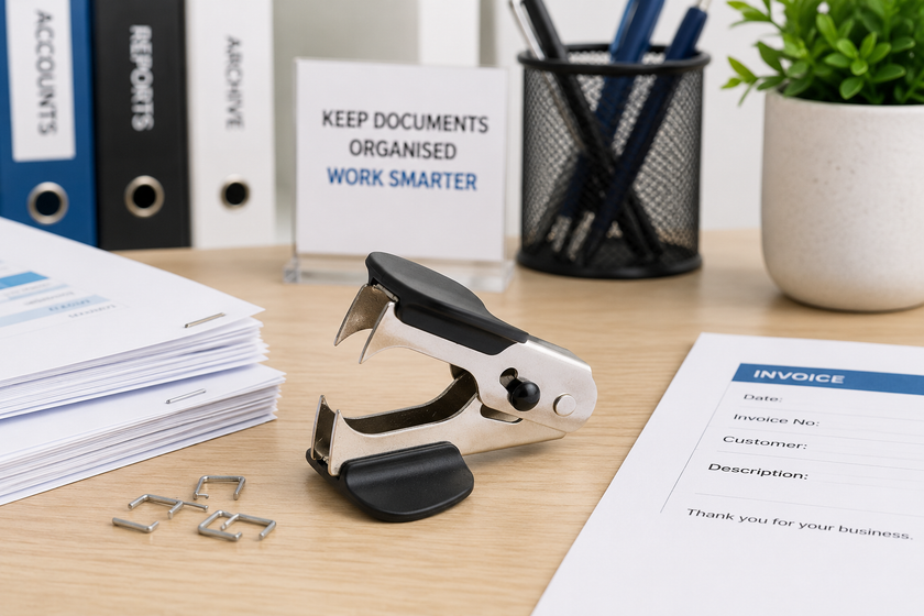 Staple remover displayed on a bright office desk with documents, loose staples, invoice forms and organised stationery.
