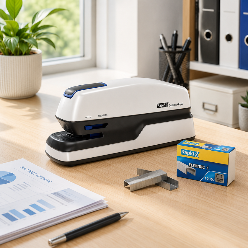 Electric stapler on a bright modern office desk with staples, documents, pen, plant and tidy office storage.