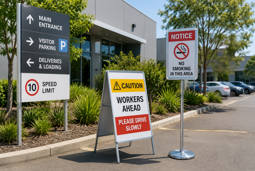 Street signs and display boards shown outside a commercial facility for directions, safety messages and site communication.