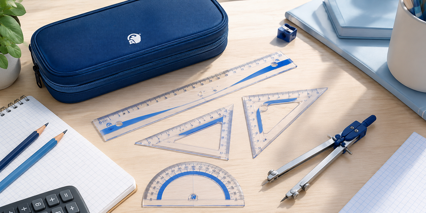 Staedtler geometry tools including ruler, set squares, protractor and compass arranged on a tidy student study desk with notebooks and pencils in a bright learning environment.