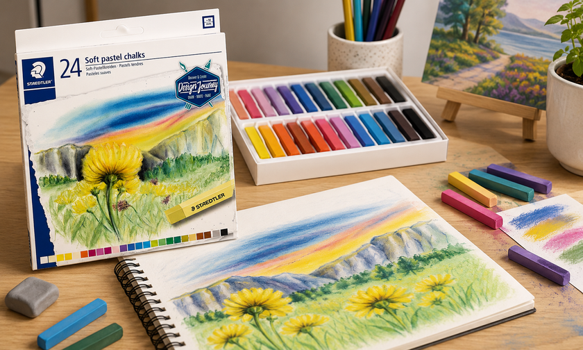 Craft pastels arranged on a studio art table with a landscape drawing pad, pastel chalk set and blending materials for creative drawing and shading.