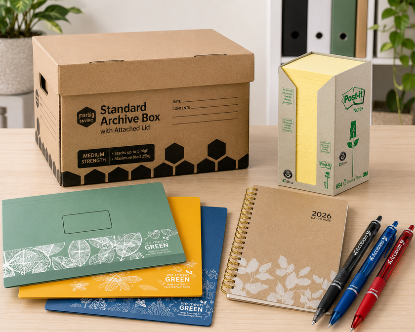 Sustainable office supplies arranged on a modern desk with recycled archive storage, sticky notes, folders, diary and pens for everyday work and study.