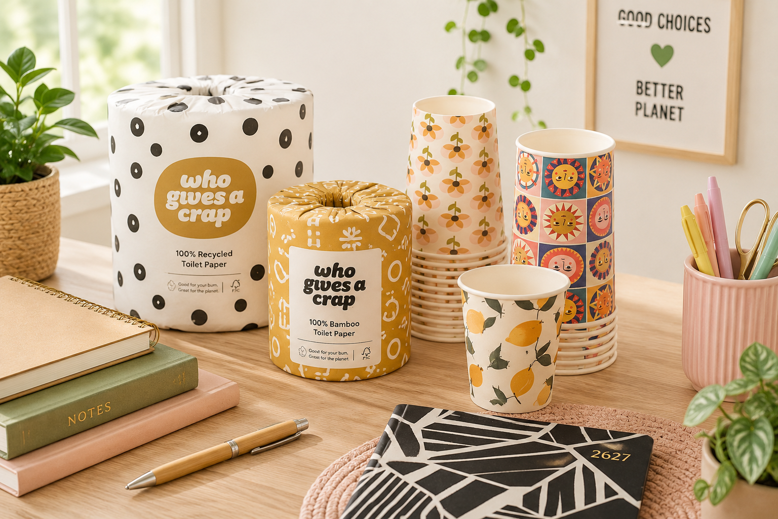 Sustainable toilet paper, compostable cups and eco friendly stationery arranged on a bright home workspace desk.