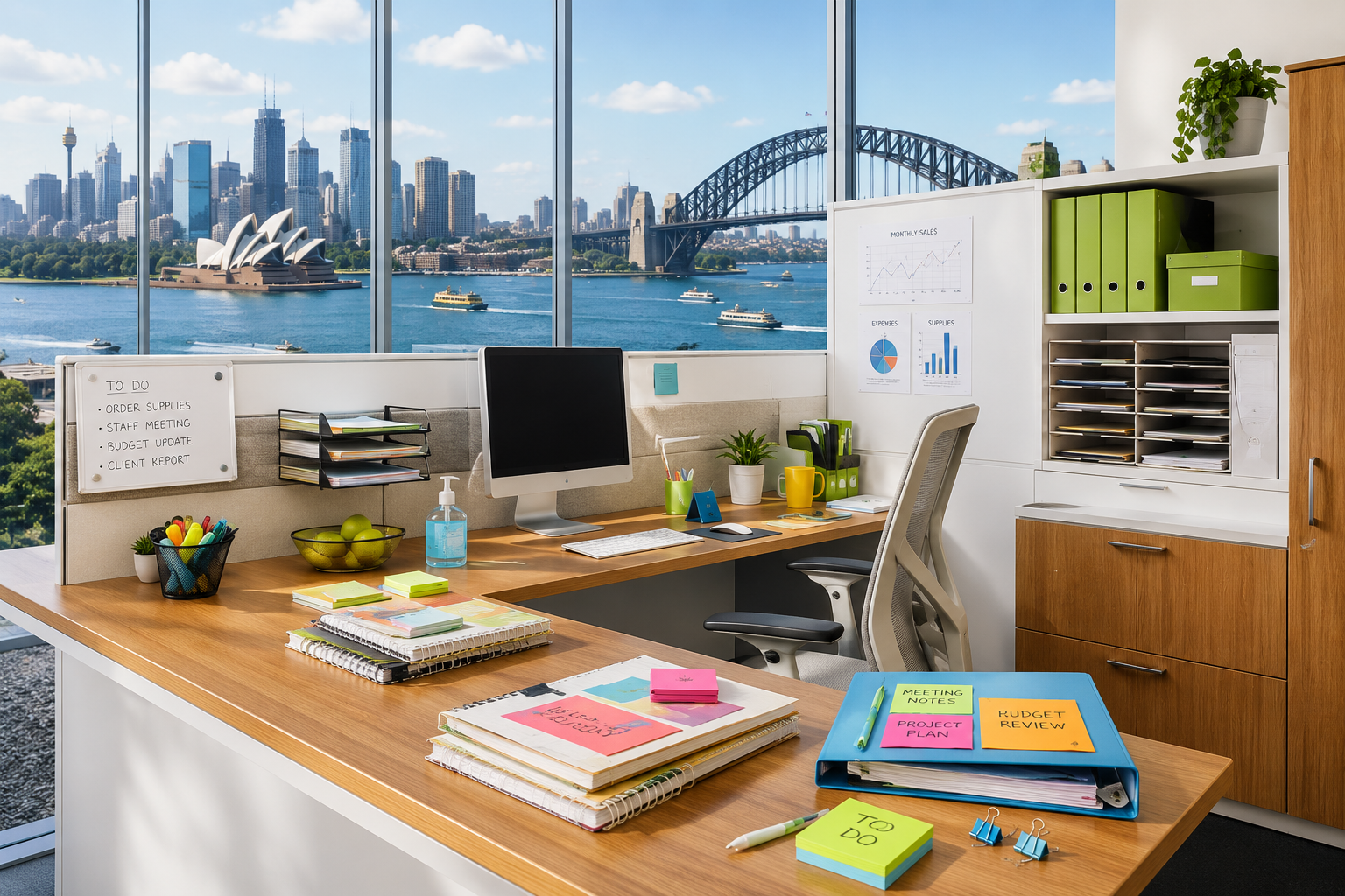 Bulk office supplies arranged across a modern Sydney workspace with stationery, folders, notebooks and desk accessories against a harbour city background.