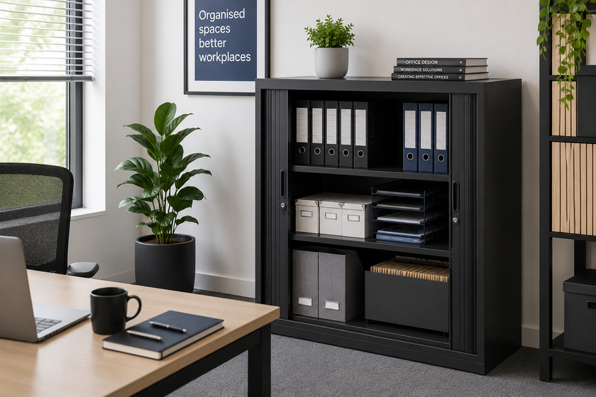 Tambour filing cabinet storing folders, archive boxes and office supplies in a modern organised workspace.