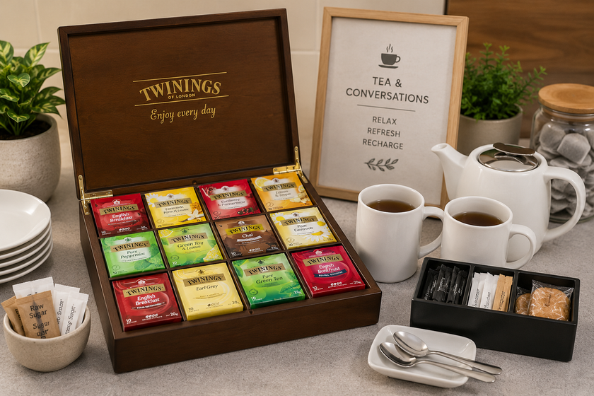 Tea products arranged at a hospitality refreshment station with assorted tea bags, mugs, teapot, sugar sachets and guest service supplies.