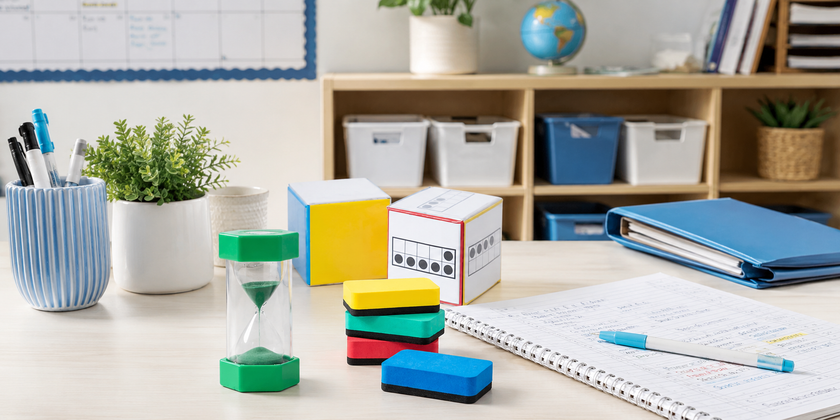 Educational teacher supplies on a classroom desk with timer, erasers, markers, lesson notes and organised classroom storage