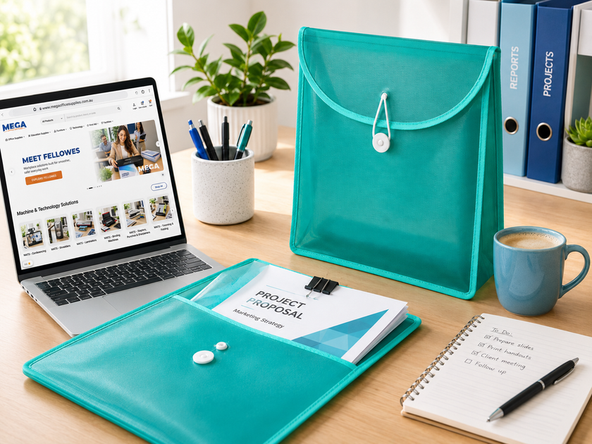 Teal top load files displayed on a bright office desk with project documents, laptop, stationery and coffee for easy document presentation.