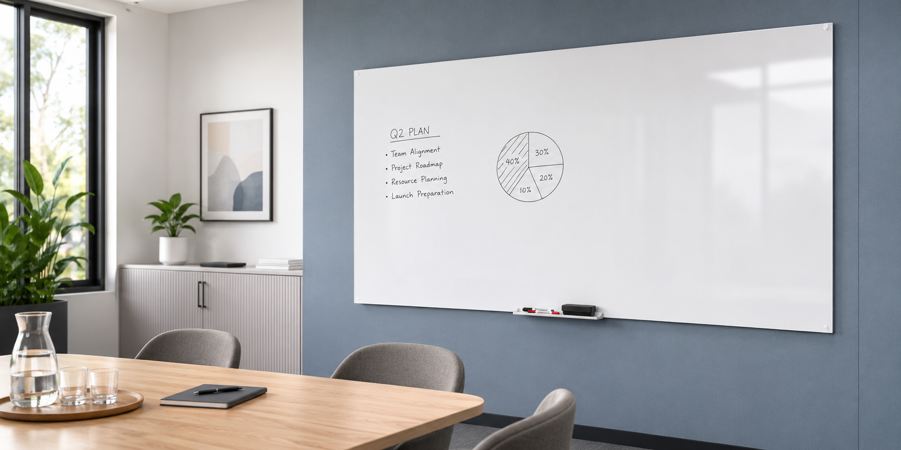 Large whiteboard mounted on a meeting room wall for team planning and collaboration.