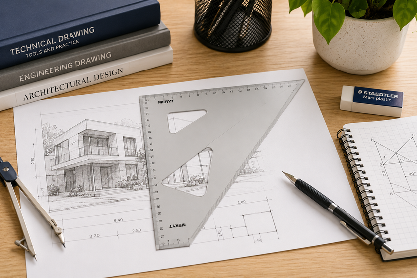 Measuring square on a technical drawing desk with architectural plans, geometry notes and drafting tools for precise school and design work.