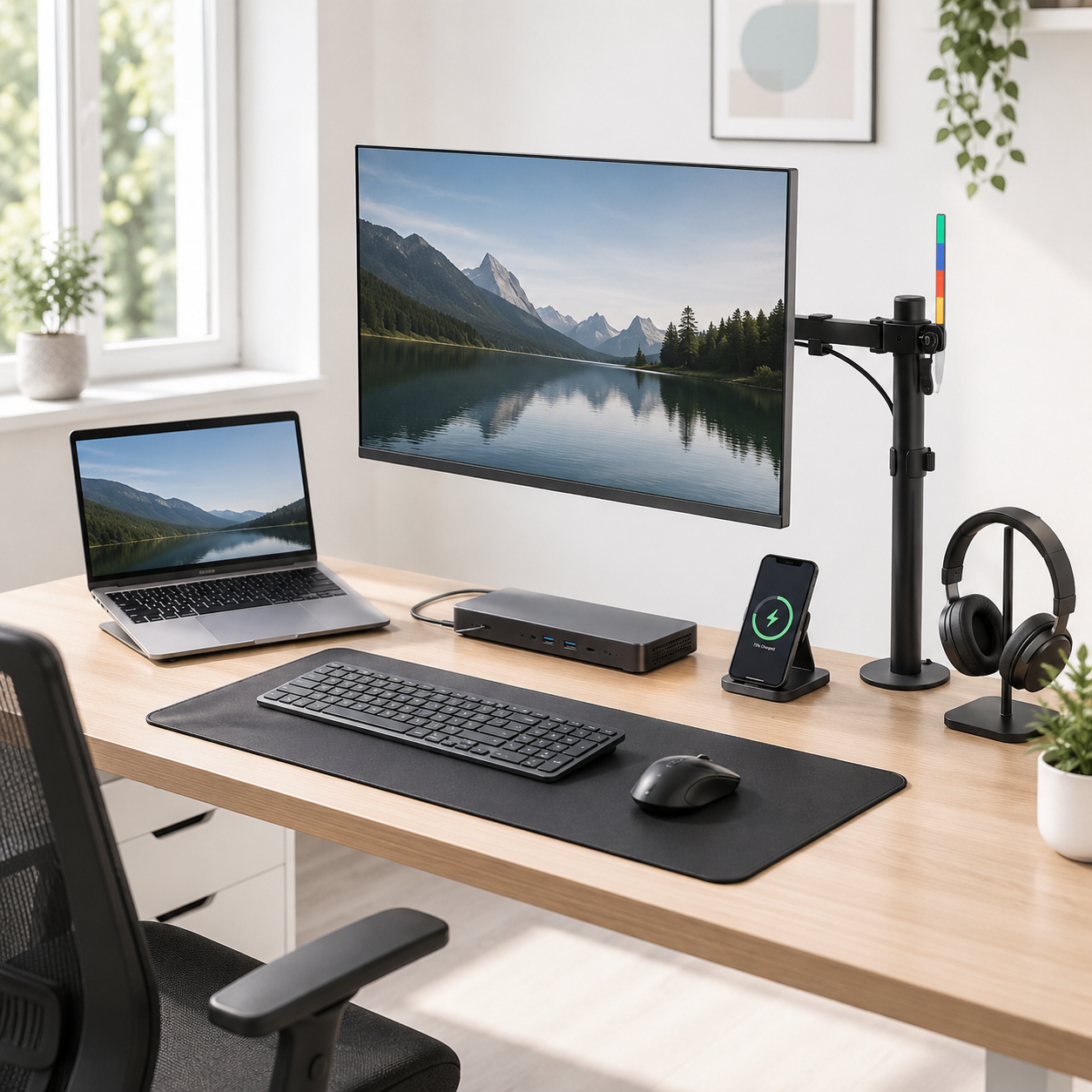 Technology accessories on a bright modern workstation with monitor arm, laptop, docking hub, keyboard, mouse, phone charger and headphones.