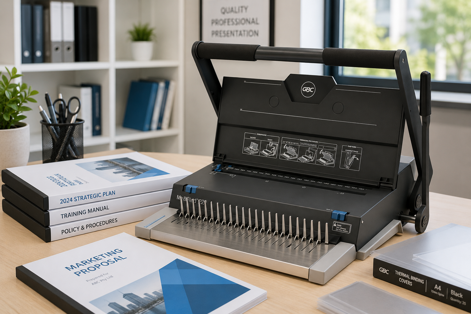 Thermal binding machine displayed on a bright office desk with bound reports, presentation documents, binding covers and professional stationery.