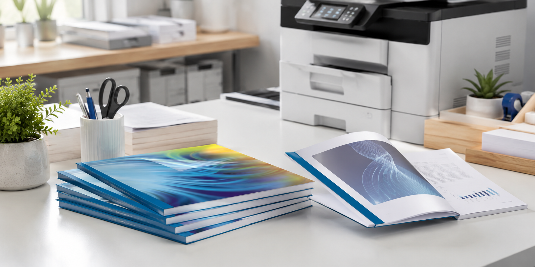 Thermal binding covers and bound reports arranged in a modern office print room with printer, paper stacks and finishing supplies