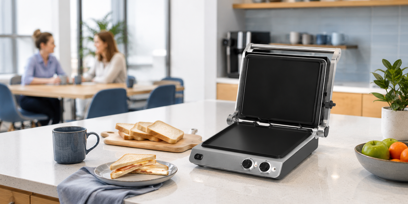 Open sandwich press toaster on a clean corporate staff kitchen bench with bread, toasted sandwiches and mugs