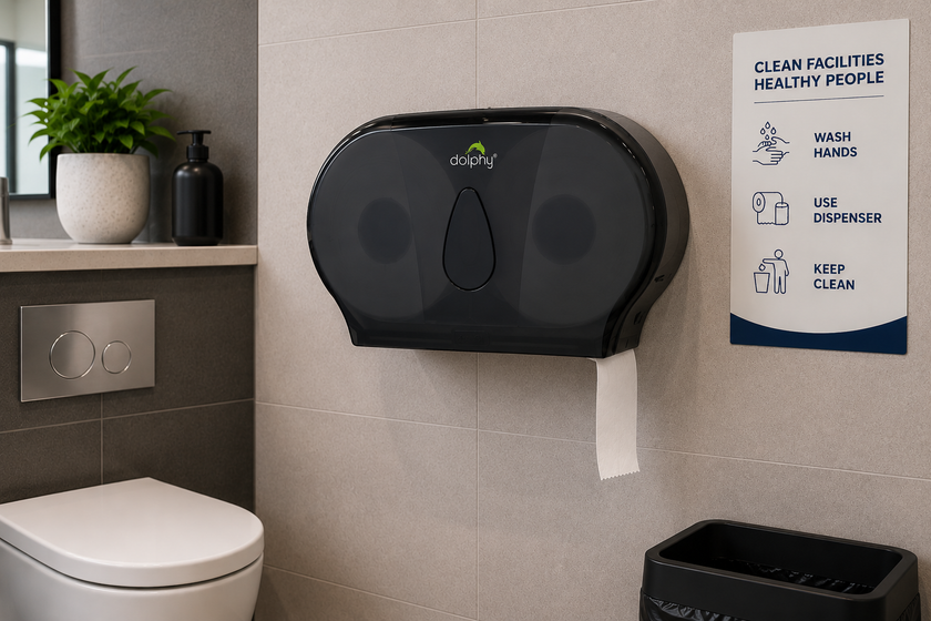  Toilet paper dispenser mounted in a clean public washroom with hygiene signage, toilet area and facility supplies.