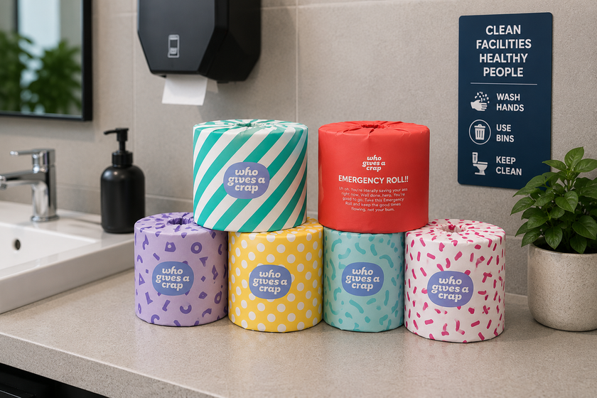 Colourful toilet paper rolls arranged in a clean workplace washroom with dispenser, basin, plant and hygiene signage.