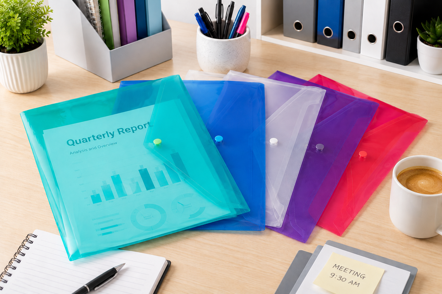 Translucent A4 document wallets arranged on a bright office desk with reports, stationery and filing accessories for organised paperwork storage.