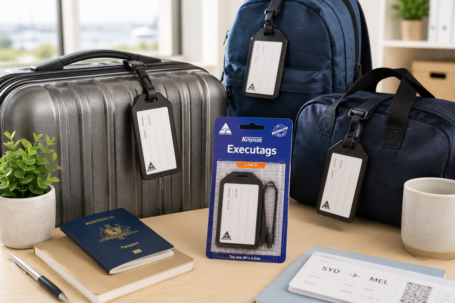 Luggage tags displayed on a suitcase, backpack and travel bag in a bright travel preparation setting with passport and documents.