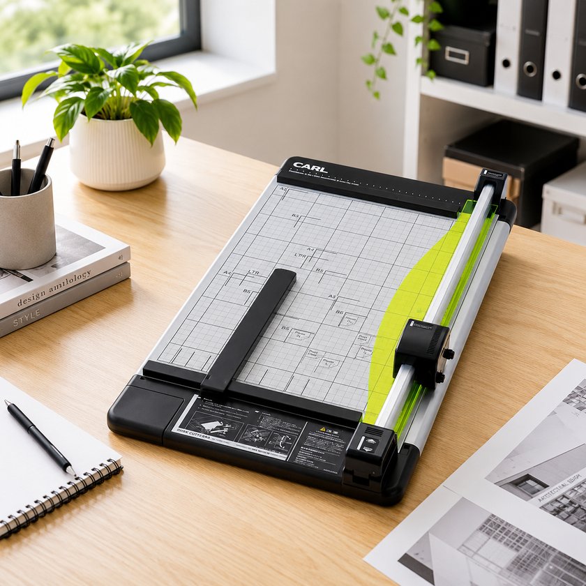 Paper trimmer on a bright modern office desk with printed documents, stationery, plants and tidy office storage.