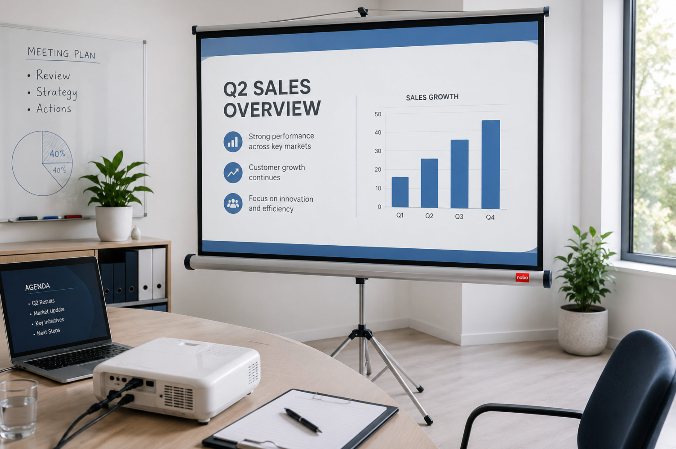 Tripod projector screen displaying a sales presentation in a bright modern meeting room.