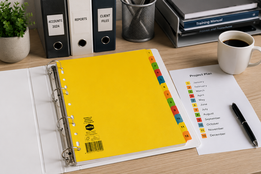 12 tab binder dividers arranged inside an open office binder with monthly project sections, folders and stationery.