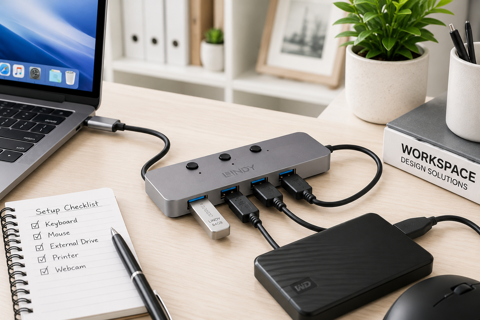 USB hub arranged on a bright office desk with laptop, connected peripherals, external drive, notebook and workspace accessories.