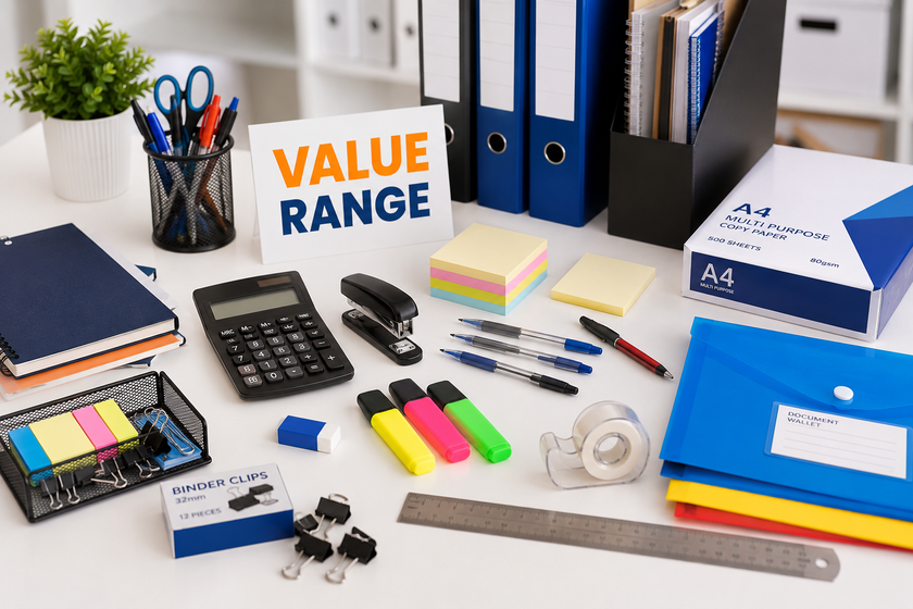 Affordable office supplies arranged on a clean desk with paper, pens, folders, calculator and stationery essentials.