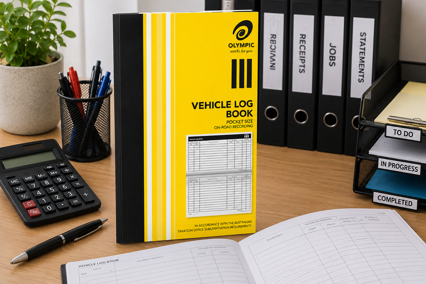 Vehicle log book arranged on an office administration desk with calculator, pen, folders and record keeping trays.