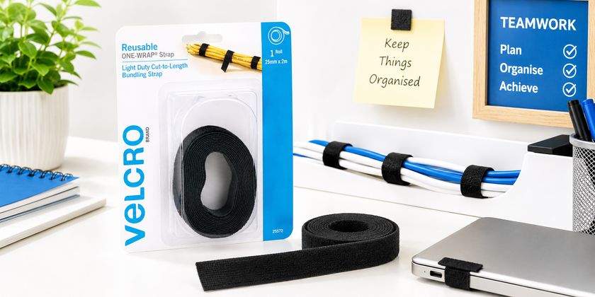 VELCRO reusable bundling strap displayed on a bright modern office desk with organised cables and workspace accessories.