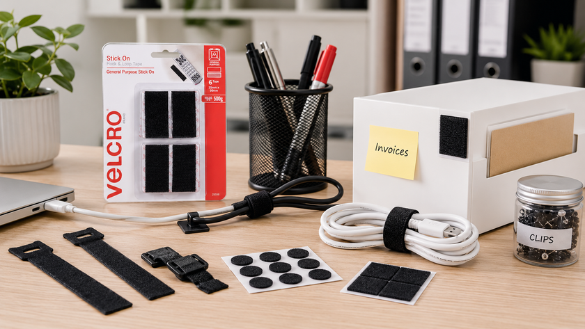 VELCRO Brand hook and loop fasteners, cable ties and adhesive pads arranged on a modern office desk for cable management and workspace organisation.