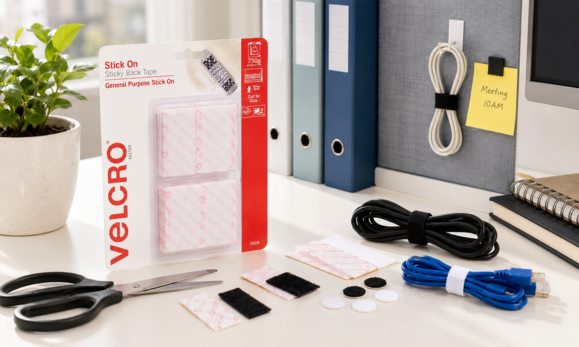 Velcro sticky back tape and cable ties arranged in a bright, organised office workspace with cords, scissors and stationery.