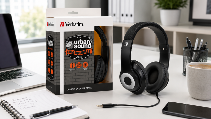 erbatim over-ear headphones displayed on a bright office desk with laptop, notebook and coffee.