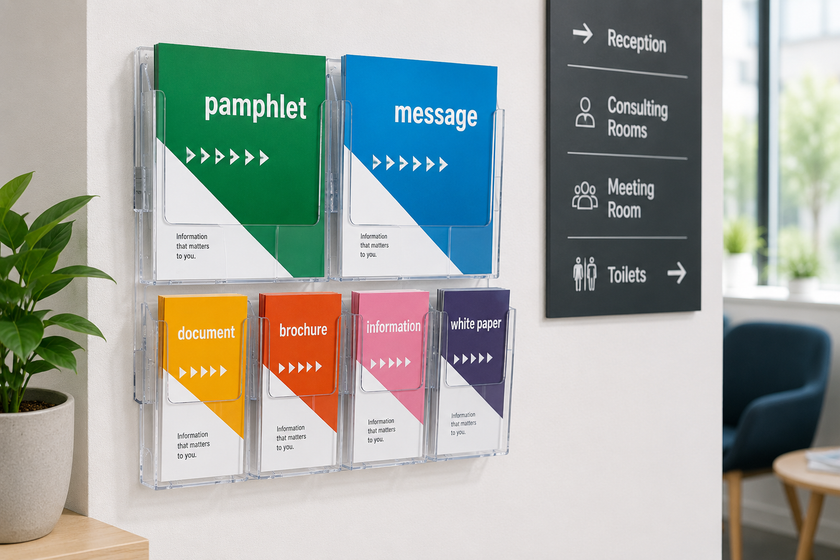 Wall brochure holders displayed in a bright reception area with colourful pamphlets, brochures, documents and directional signage.