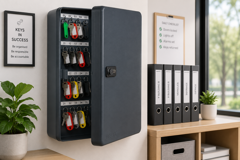 Wall mounted key cabinet with labelled keys in a bright office storage area for secure key organisation.
